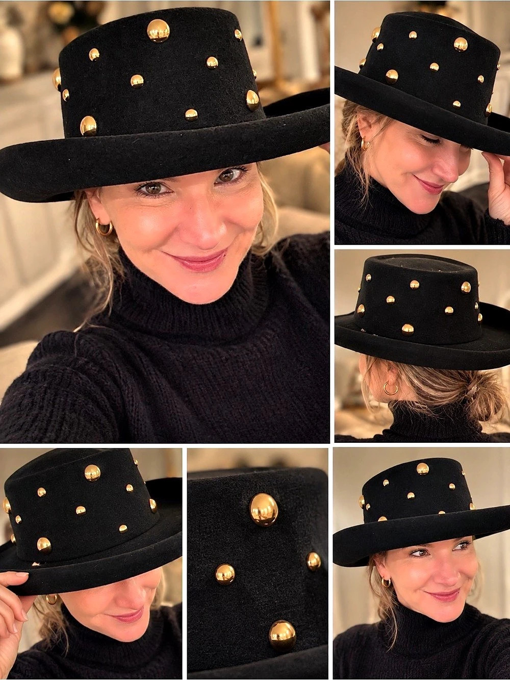 Vintage Dobkin Bollman 100% Wool Black Gold Stud Wide Brim Hat USA + Box